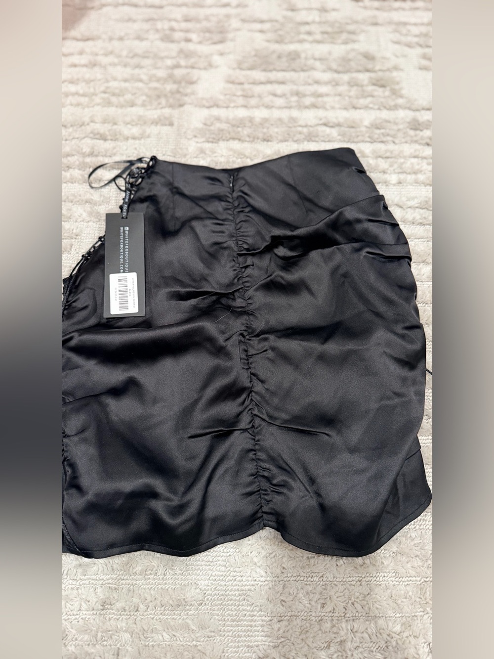 Black Satin Ruched Side Slit Midi Skirt With Black Cute Wrap Top - Picture 4 of 6